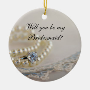 Pearls, Ring Blue Lace Will You Be My Bridesmaid Ceramic Tree Decoration