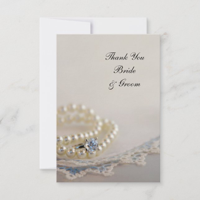 Pearls, Ring, Blue Vintage Lace Wedding Thank You (Front)