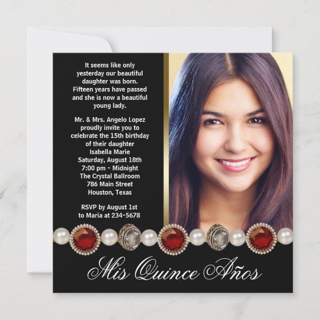 Pearls Ruby Red Black Gold Photo Quinceanera Invitation (Front)