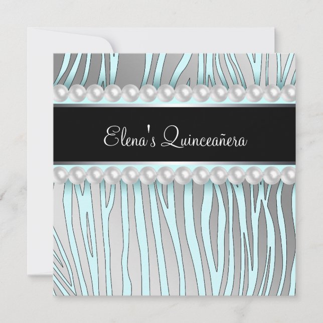 Pearls Teal Blue Zebra Quinceanera Invitations (Front)
