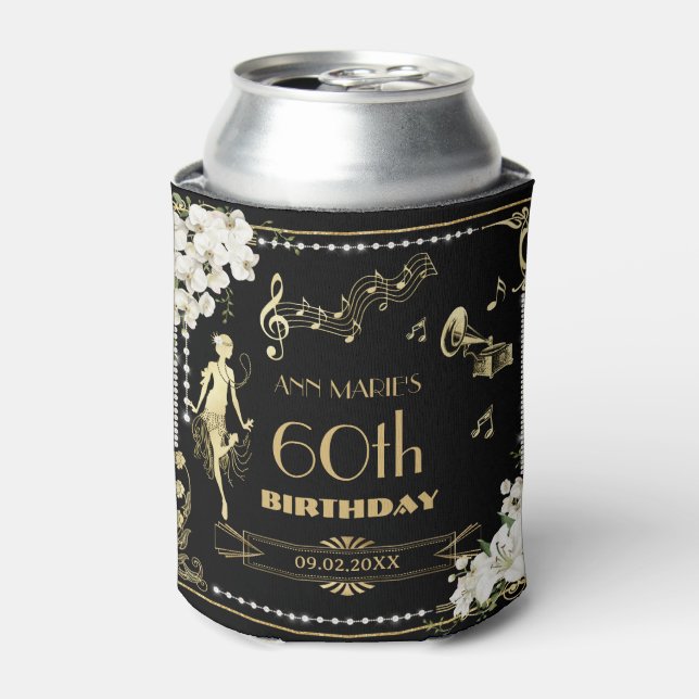 Pearls White Floral Art Deco Gatsby 20s Birthday Can Cooler (Can Front)