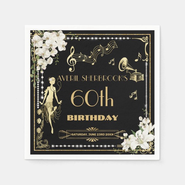 Pearls White Floral Art Deco Gatsby 20s Birthday Napkin (Front)