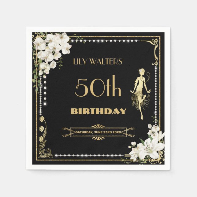 Pearls White Floral Art Deco Gatsby 20s Birthday  Napkin (Front)