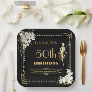 Pearls White Floral Art Deco Gatsby 20s Birthday  Paper Plate