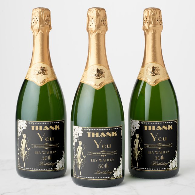 Pearls White Floral Art Deco Gatsby 20s Birthday  Sparkling Wine Label (Bottles)