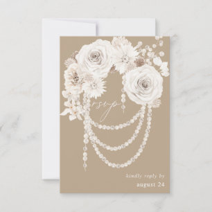 Pearls & White Floral w Meal RSVP - Beige Card