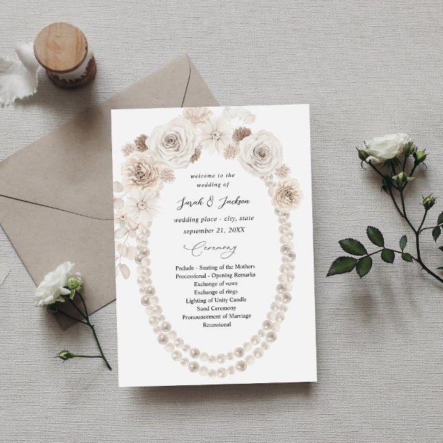 Pearls & White Floral Wedding Ceremony Program Invitation (Creator Uploaded)