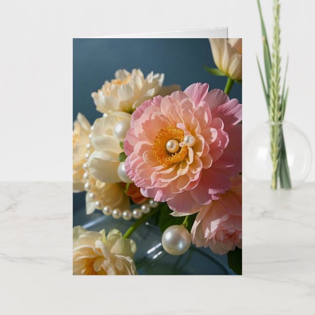 Pearls with pink flowers  foil greeting card (Front)