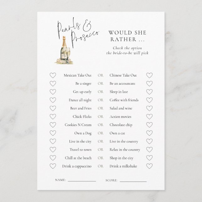 Pearls Would She Rather Bridal Shower Game Card (Front)