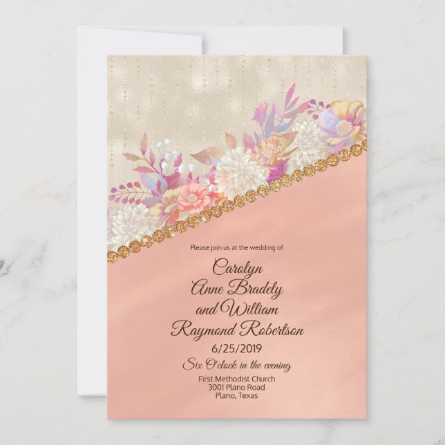 Pearly Coral Ivory and Gold Floral Wedding Invitation (Front)