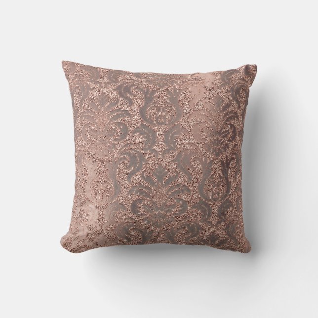 Pearly Ivory Damask Pink Rose Gold Glitter Copper Cushion (Front)