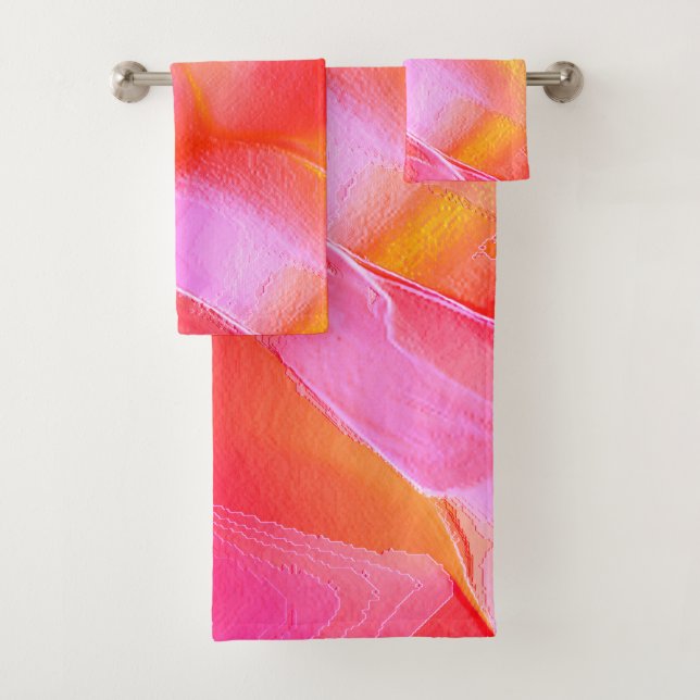 Pearly pink and orange polished rock bath towel set (Insitu)