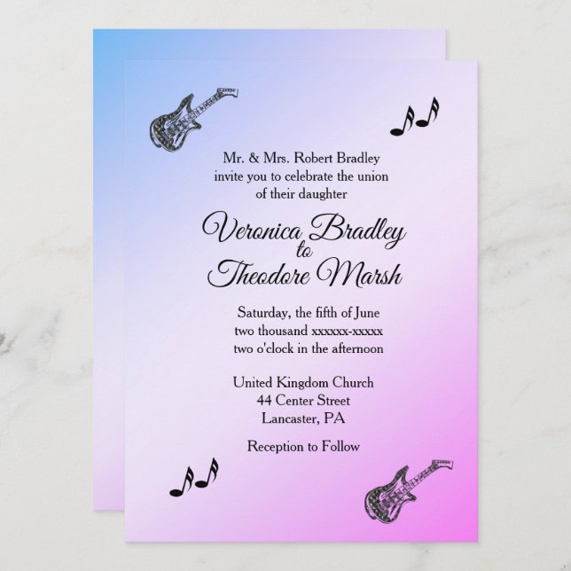 Pearly Purple Guitar Theme Wedding Invitation   (Front/Back)