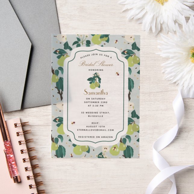Pears Bees Botanical Floral Garden Bridal Shower Vellum Invitations (Wedding)