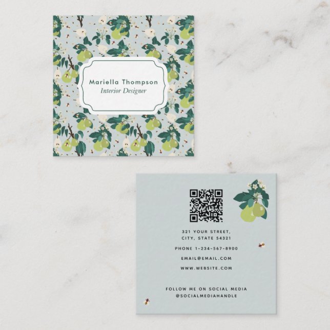 Pears Bees Botanical Floral Interior Designer Square Business Card (Front/Back)