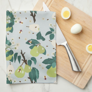 Pears & Bees in a Botanical Floral Garden Kitchen Tea Towel