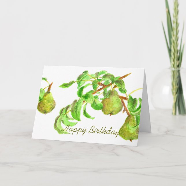 Pears Happy Birthday Watercolor Fruit Summer Green Card (Front)