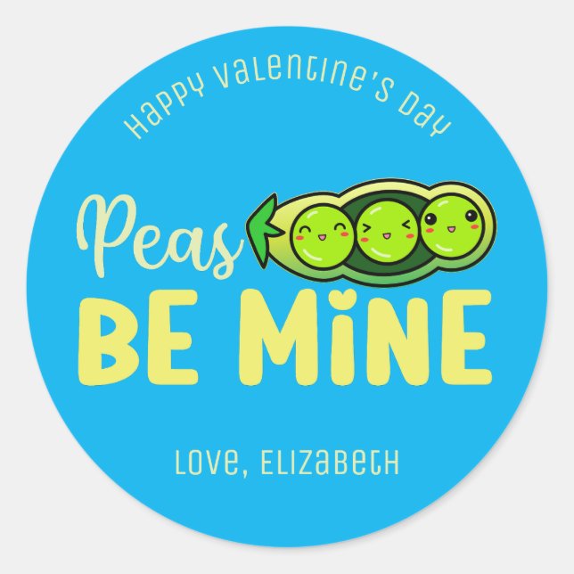 Peas Be Mine Funny Pun Cute Valentine's Day Blue Classic Round Sticker (Front)