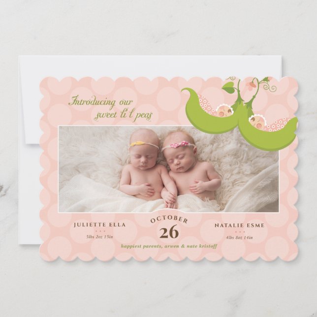 Peas in a Pod Twin Girls 1 Pic Birth Announcement (Front)