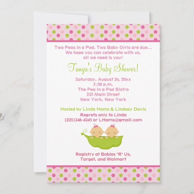Peas in a Pod Twin Girls 5x7 Baby Shower Invite (Front)