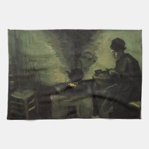 Peasant Woman by Fireplace by Vincent van Gogh Tea Towel