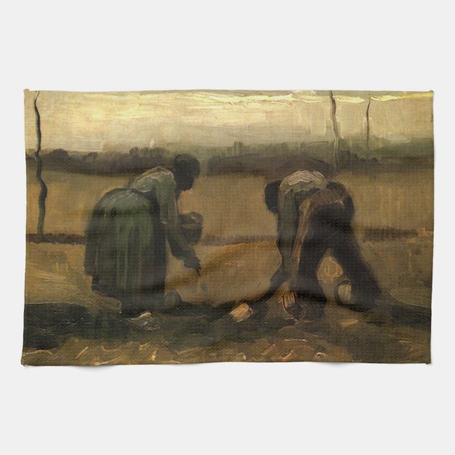 Peasant Woman Planting Potato by Vincent van Gogh Tea Towel (Horizontal)