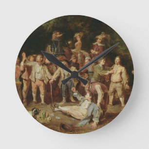 Peasants Brawling Outside a Tavern (oil on panel) Round Clock