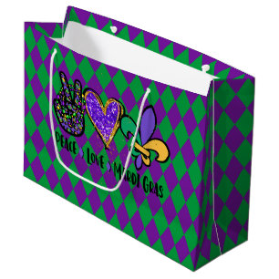 PEAVE LOVE MARDI GRAS PURPLE GREEN GOLD LARGE GIFT BAG