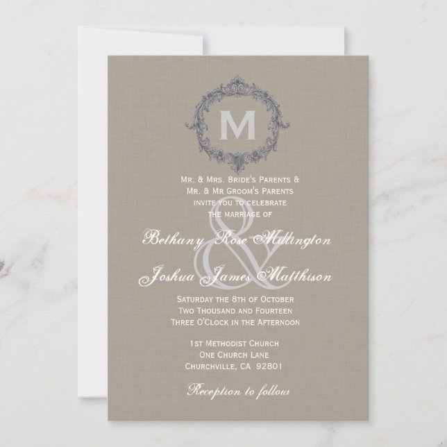 Pebble and Grey Frame Monogram Wedding V6 Invitation (Front)