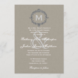 Pebble and Grey Frame Monogram Wedding V6 Invitation