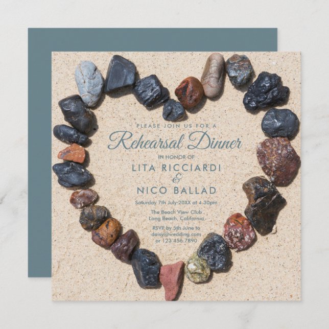 Pebble Heart Beach Themed Rehearsal Dinner Invitation (Front/Back)