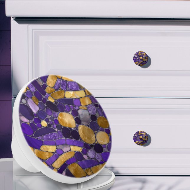 Pebbles Mosaic Art -Amethyst And Gold Ceramic Knob (Creator Uploaded)
