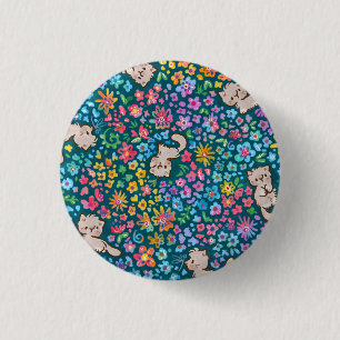 Pebble's Whimsical Garden Grey Cat & Bright Floral 3 Cm Round Badge