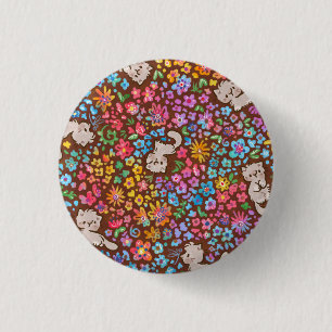 Pebble's Whimsical Garden Grey Cat & Bright Floral 3 Cm Round Badge