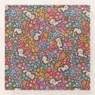 Pebble's Whimsical Garden Grey Cat & Bright Floral Glass Coaster