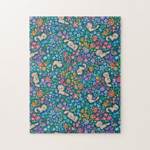 Pebble's Whimsical Garden Grey Cat & Bright Floral Jigsaw Puzzle