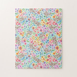 Pebble's Whimsical Garden Grey Cat & Bright Floral Jigsaw Puzzle