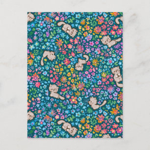 Pebble's Whimsical Garden Grey Cat & Bright Floral Postcard