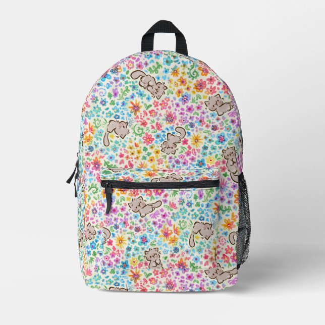 Pebble's Whimsical Garden Grey Cat & Bright Floral Printed Backpack (Front)