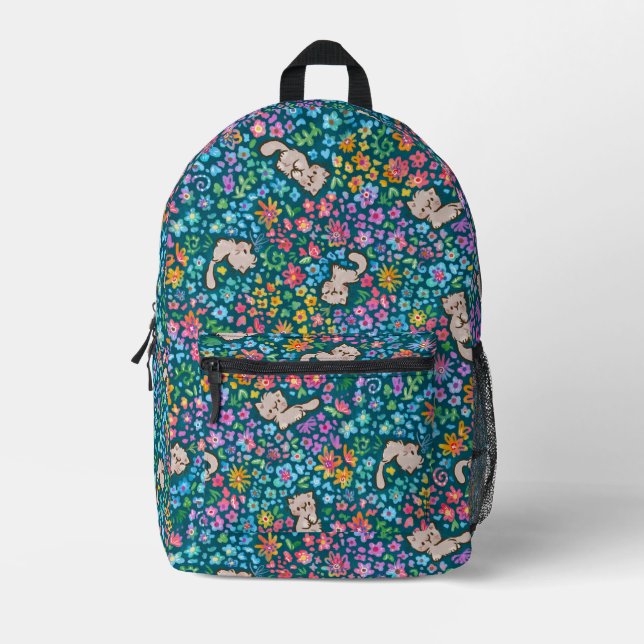 Pebble's Whimsical Garden Grey Cat & Bright Floral Printed Backpack (Front)