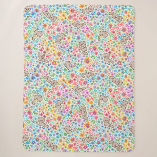 Pebble's Whimsical Garden Grey Cat & Bright Floral Sherpa Blanket