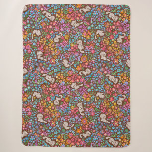 Pebble's Whimsical Garden Grey Cat & Bright Floral Sherpa Blanket