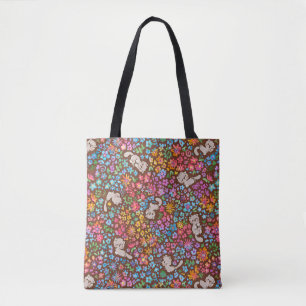 Pebble's Whimsical Garden Grey Cat & Bright Floral Tote Bag