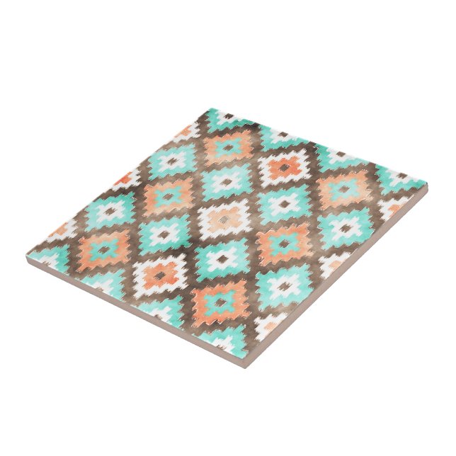Pech Orange Turquoise Aqua Green Tribe Art Tile (Side)