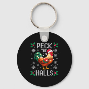 Peck The Halls Chicken Christmas Lights Snowflakes Key Ring