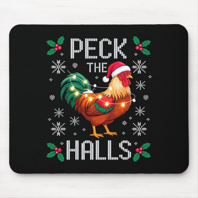 Peck The Halls Chicken Christmas Lights Snowflakes Mouse Mat (Front)