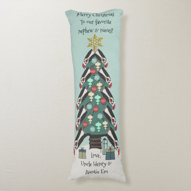 Peculiar Penguins Funny Christmas Tree Personalise Body Cushion (Front Vertical)
