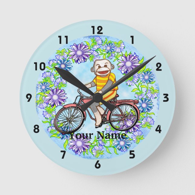 Pedal Bike Sock Monkey Round Clock (Front)
