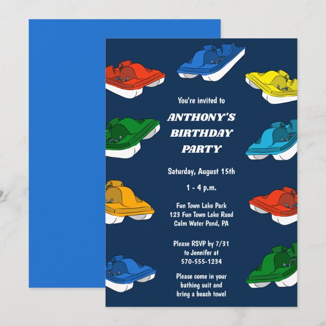 Pedal Boats Bright Colours Custom Birthday Party Invitation (Front/Back)