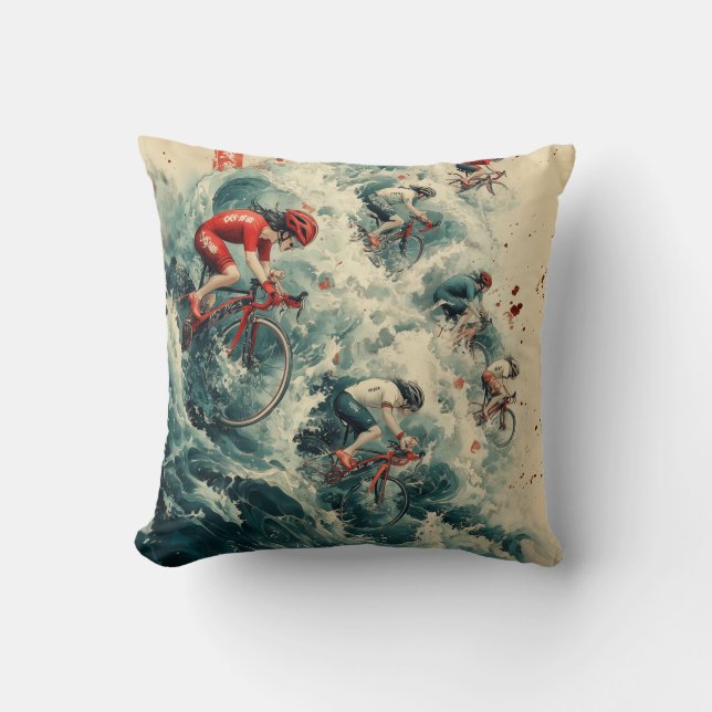 Pedaling Through a Yokai Tsunami Throw Pillow (Front)